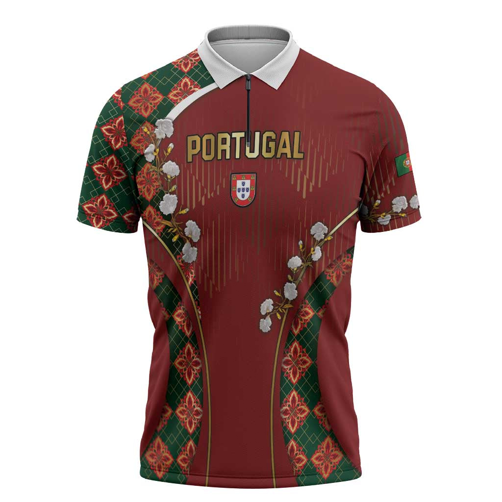 Custom Portugal Football Zipper Polo Shirt Floral Gold Carnation Crest Pattern Gold Accents