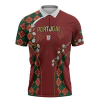 Custom Portugal Football Zipper Polo Shirt Floral Gold Carnation Crest Pattern Gold Accents