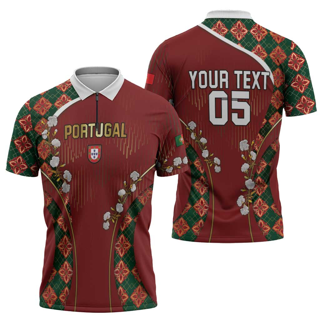 Custom Portugal Football Zipper Polo Shirt Floral Gold Carnation Crest Pattern Gold Accents