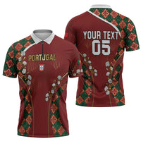Custom Portugal Football Zipper Polo Shirt Floral Gold Carnation Crest Pattern Gold Accents