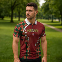 Custom Portugal Football Zipper Polo Shirt Floral Gold Carnation Crest Pattern Gold Accents