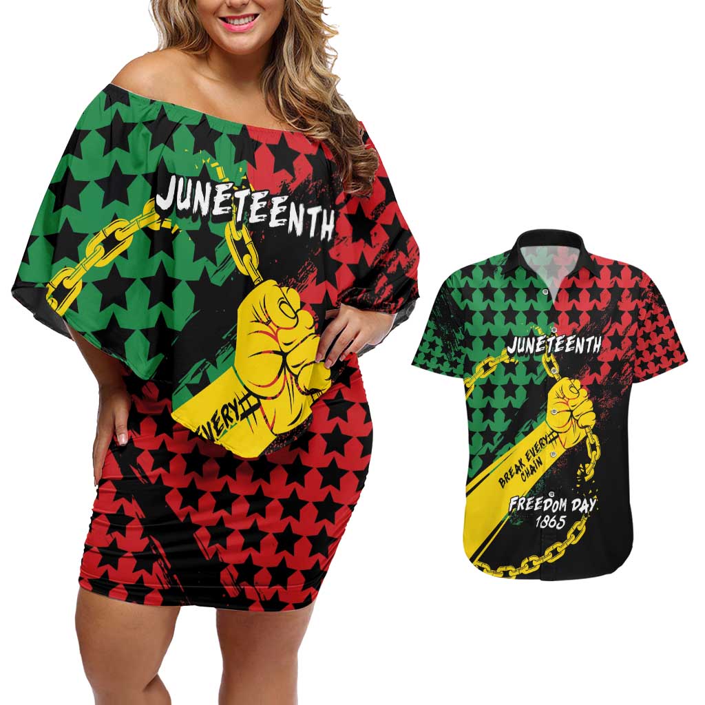 Personalized Juneteenth 1865 Couples Matching Off Shoulder Short Dress and Hawaiian Shirt Break Every Chain
