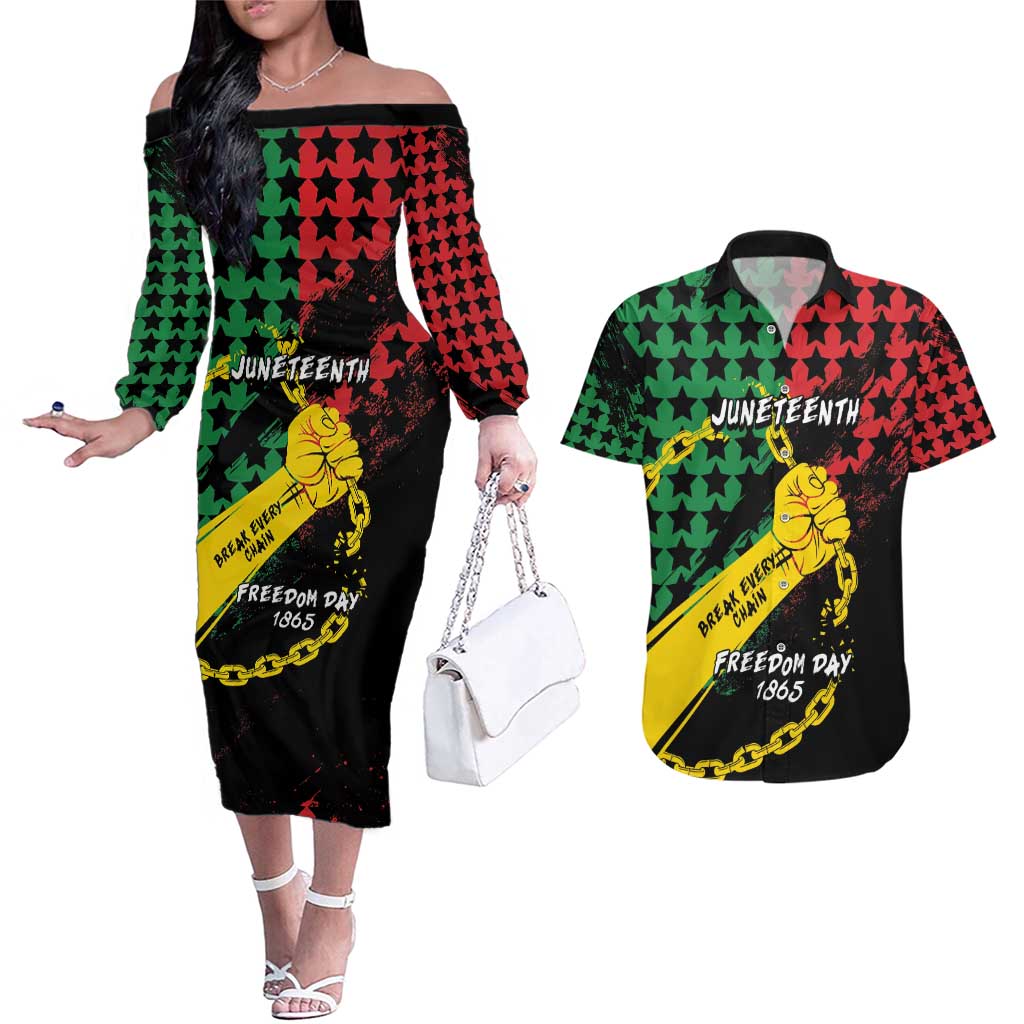 Personalized Juneteenth 1865 Couples Matching Off The Shoulder Long Sleeve Dress and Hawaiian Shirt Break Every Chain