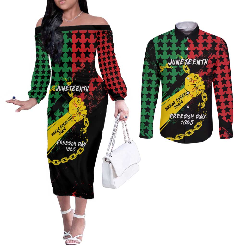 Personalized Juneteenth 1865 Couples Matching Off The Shoulder Long Sleeve Dress and Long Sleeve Button Shirt Break Every Chain