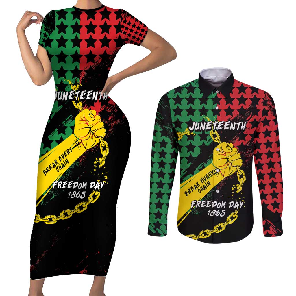 Personalized Juneteenth 1865 Couples Matching Short Sleeve Bodycon Dress and Long Sleeve Button Shirt Break Every Chain