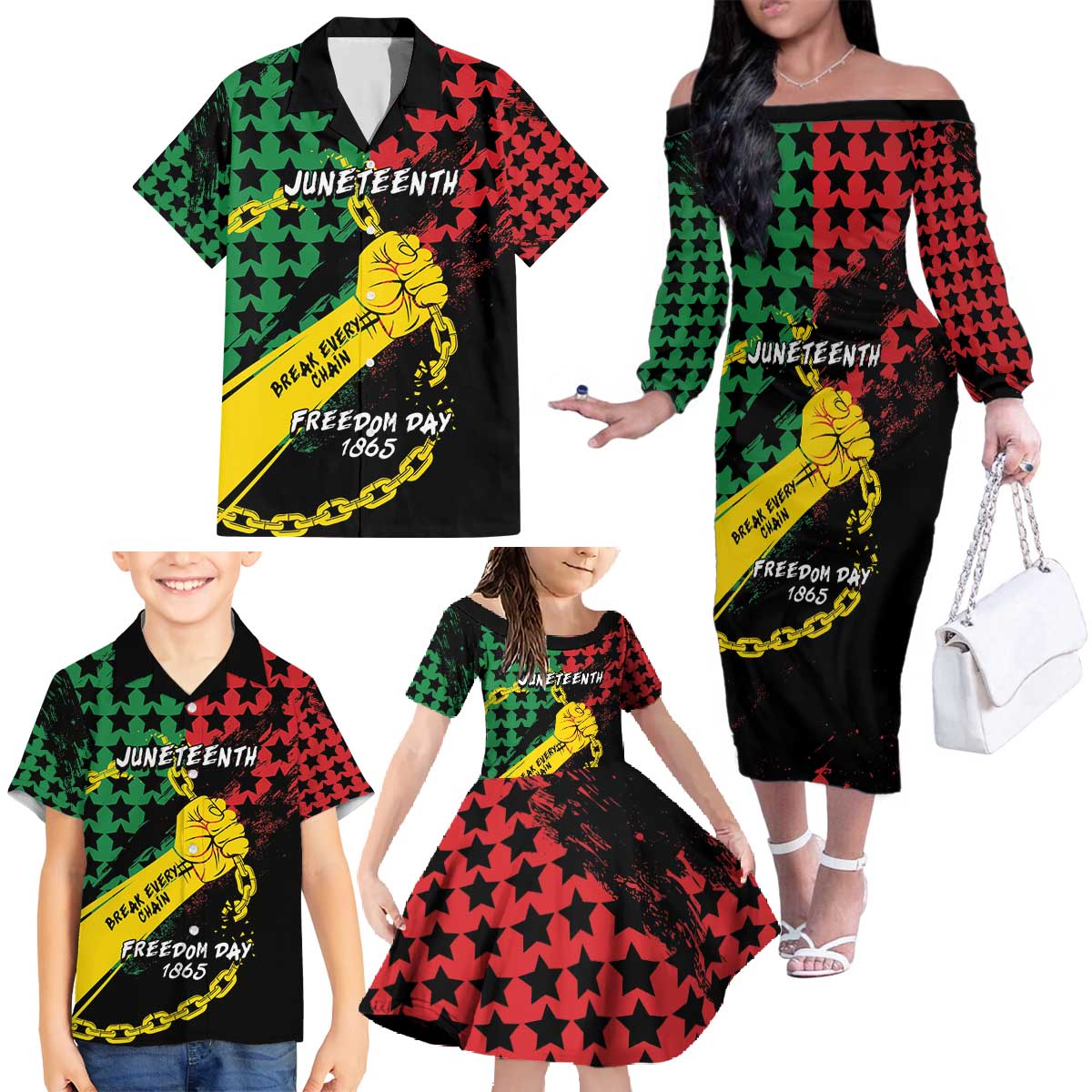 Personalized Juneteenth 1865 Family Matching Off The Shoulder Long Sleeve Dress and Hawaiian Shirt Break Every Chain