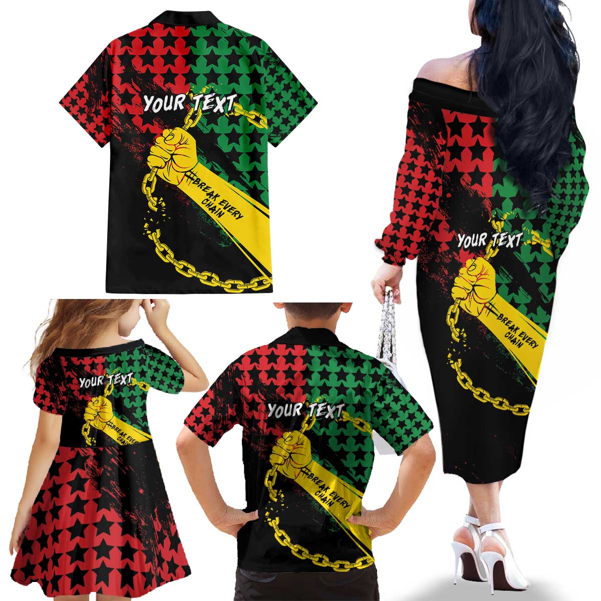 Personalized Juneteenth 1865 Family Matching Off The Shoulder Long Sleeve Dress and Hawaiian Shirt Break Every Chain