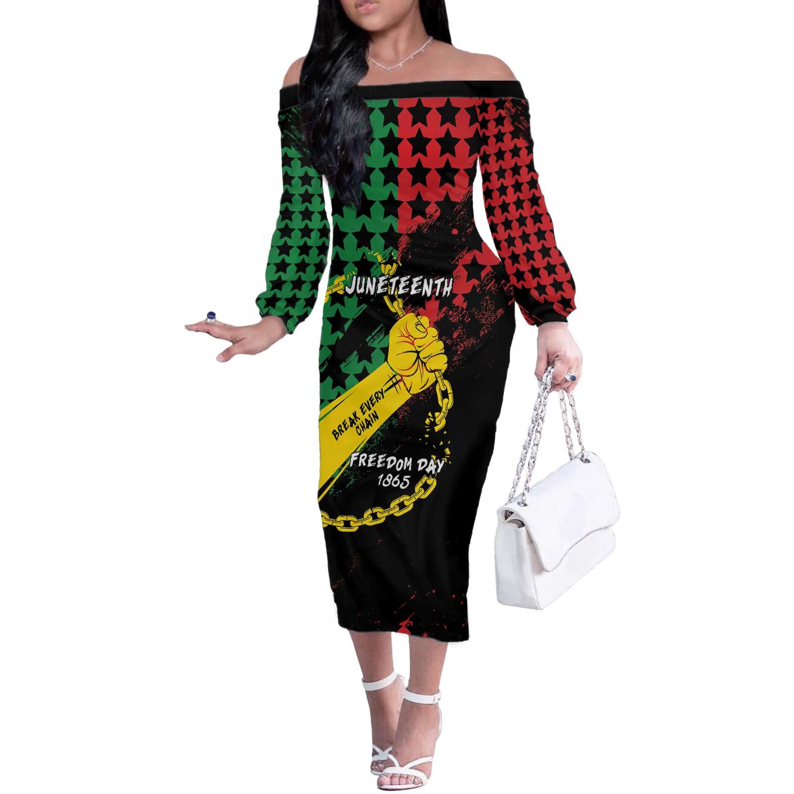 Personalized Juneteenth 1865 Off The Shoulder Long Sleeve Dress Break Every Chain