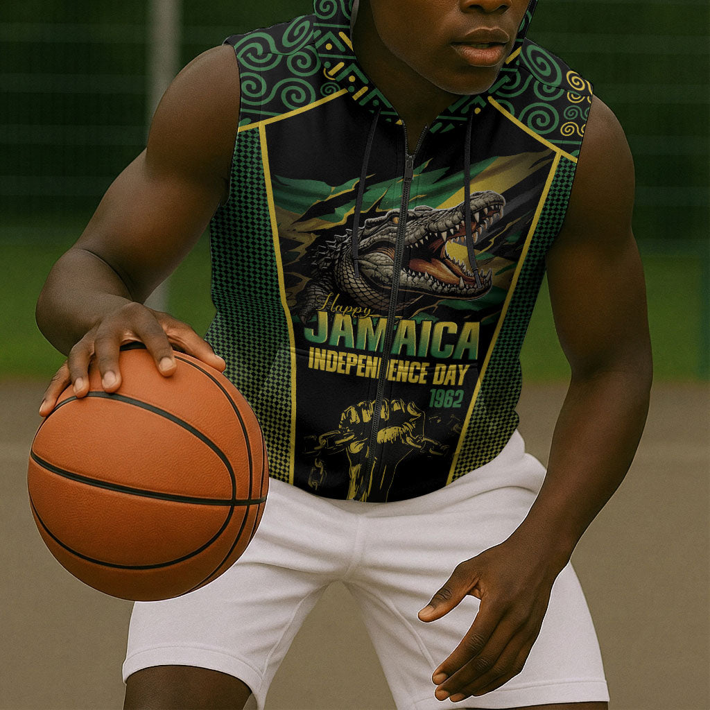 Jamaica Independence Day Sleeveless Zip Hoodie Crocodile Broken Chain Freedom