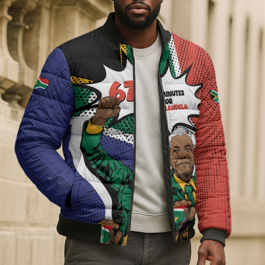 Nelson Mandela Birthday Bomber Puffer Jacket 67 Minutes South Africa Flag Comic