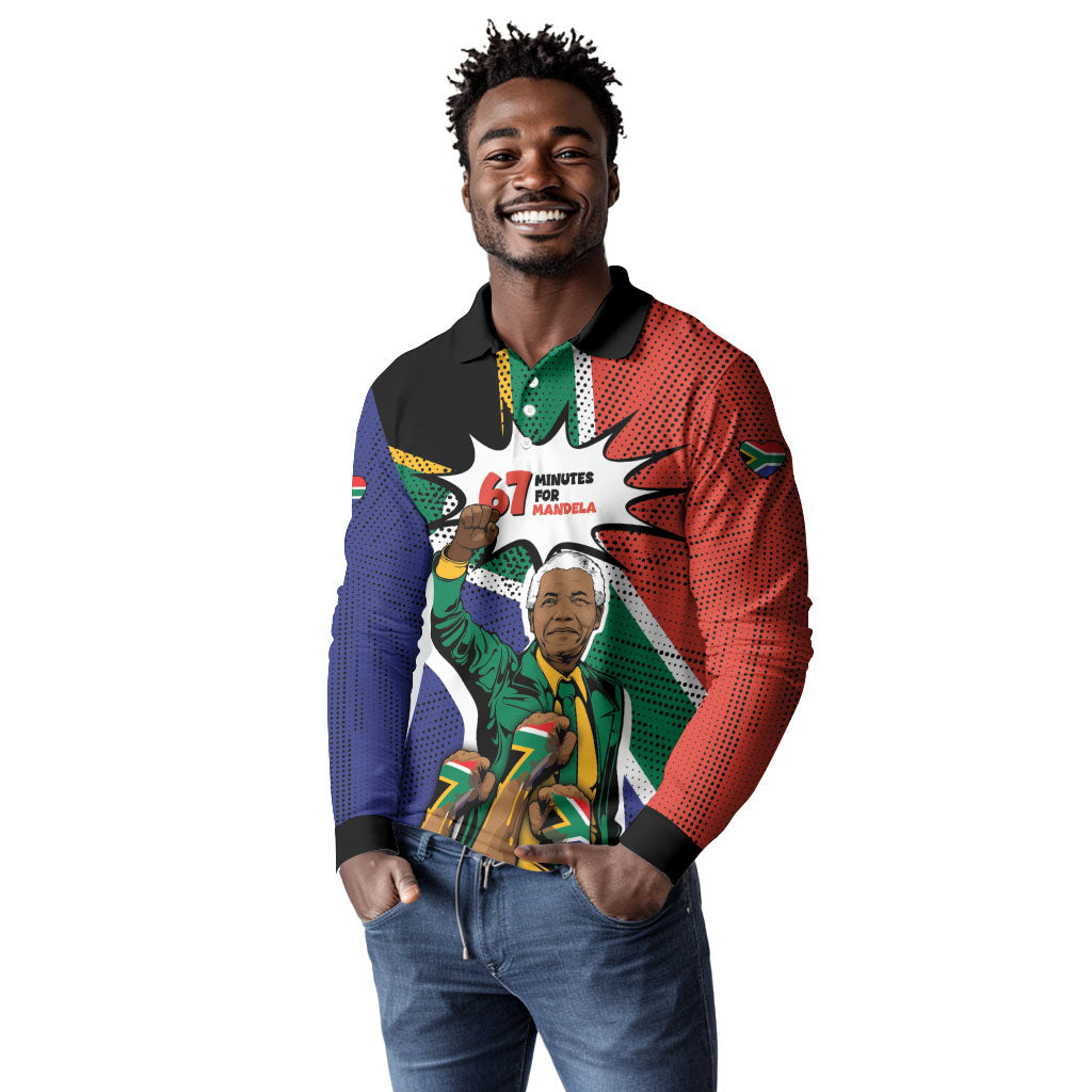 Nelson Mandela Birthday Long Sleeve Polo Shirt 67 Minutes South Africa Flag Comic