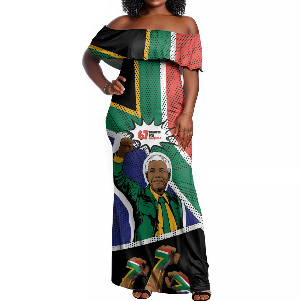 Nelson Mandela Birthday Off Shoulder Maxi Dress 67 Minutes South Africa Flag Comic