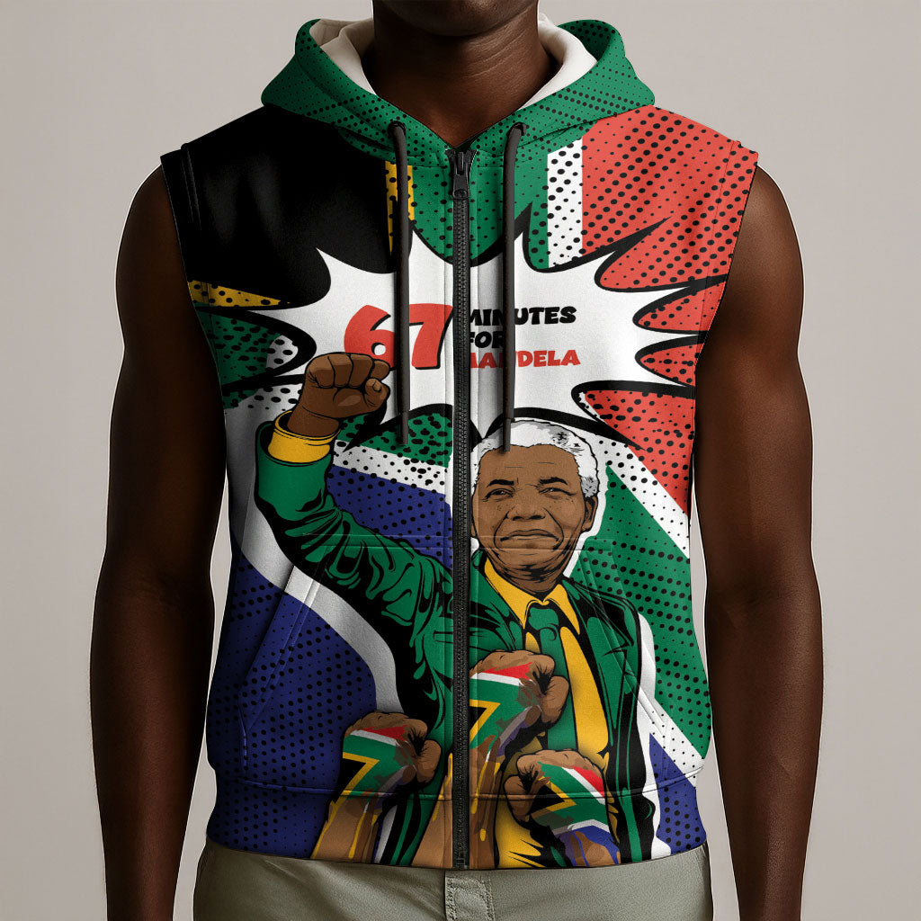 Nelson Mandela Birthday Sleeveless Zip Hoodie 67 Minutes South Africa Flag Comic