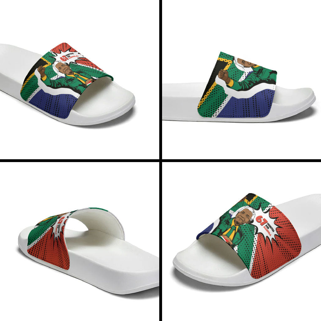 Nelson Mandela Birthday Slide Sandals 67 Minutes South Africa Flag Comic