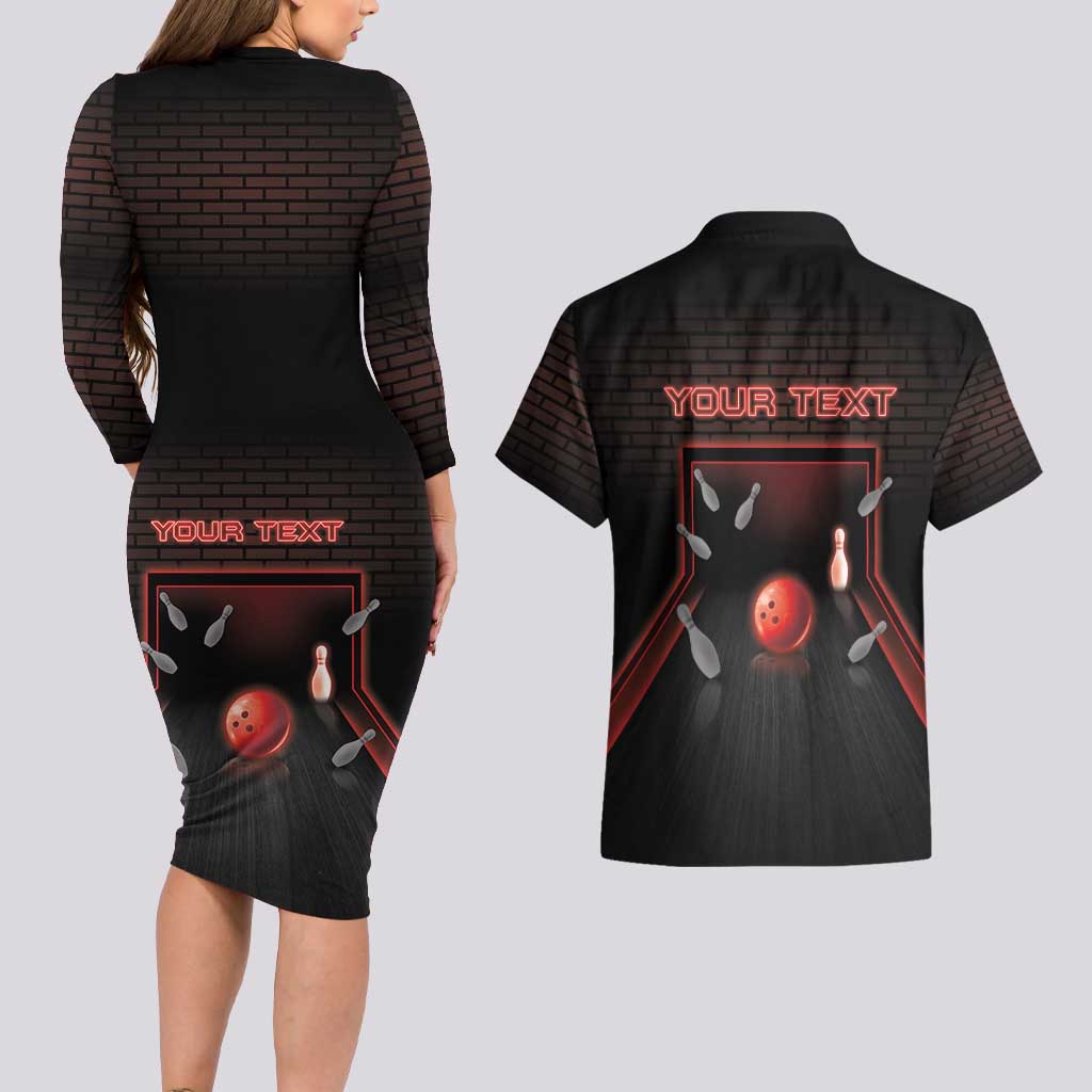 Personalized Bowling Couples Matching Long Sleeve Bodycon Dress and Hawaiian Shirt Ten Pin Neon Style - Wonder Print Shop