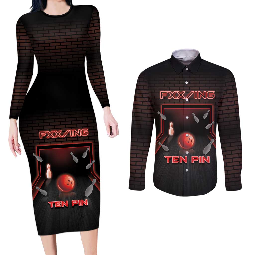 Personalized Bowling Couples Matching Long Sleeve Bodycon Dress and Long Sleeve Button Shirt Ten Pin Neon Style - Wonder Print Shop