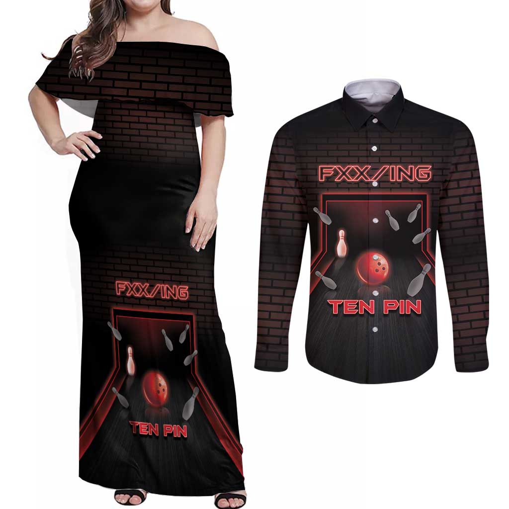 Personalized Bowling Couples Matching Off Shoulder Maxi Dress and Long Sleeve Button Shirt Ten Pin Neon Style - Wonder Print Shop
