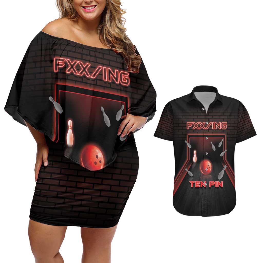 Personalized Bowling Couples Matching Off Shoulder Short Dress and Hawaiian Shirt Ten Pin Neon Style - Wonder Print Shop