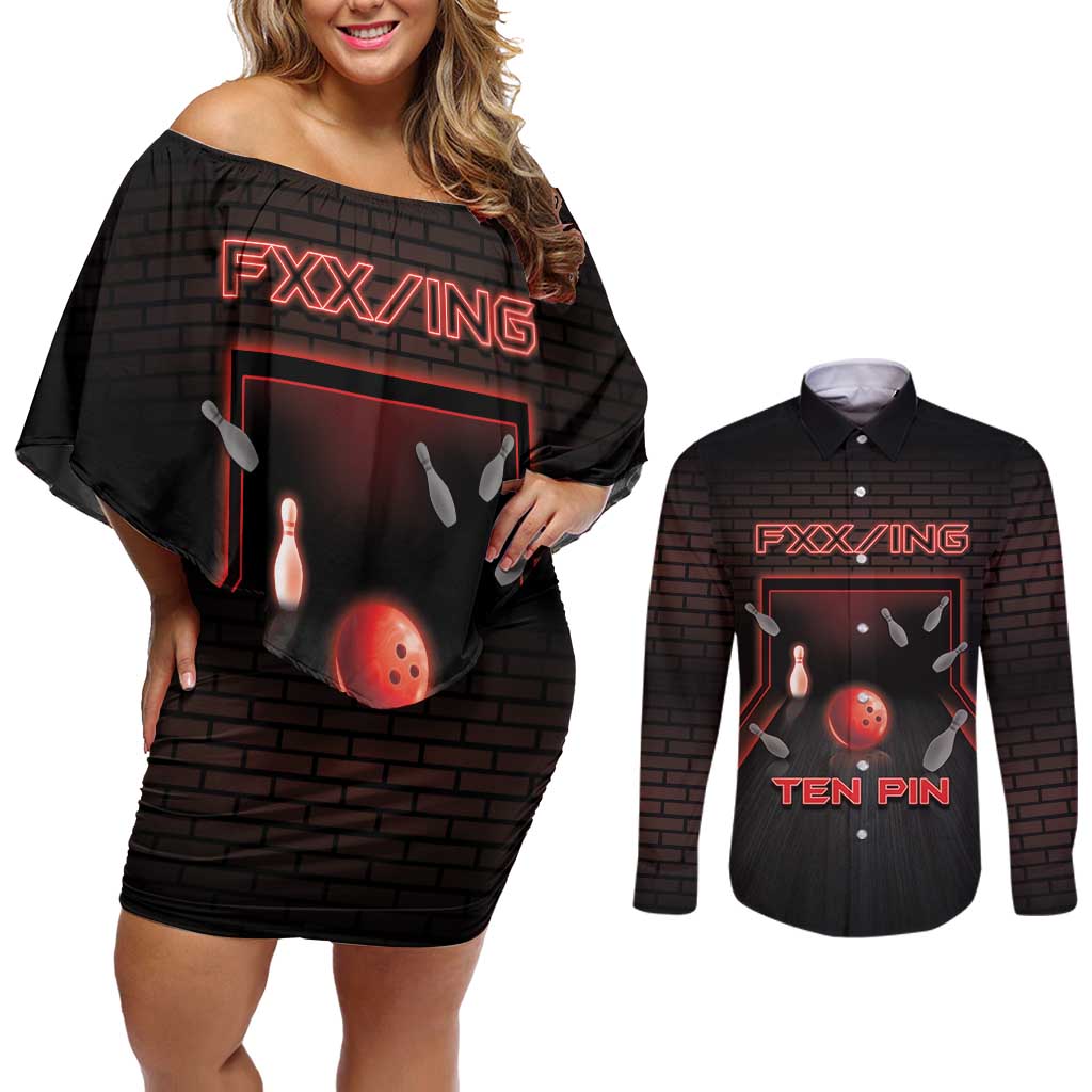 Personalized Bowling Couples Matching Off Shoulder Short Dress and Long Sleeve Button Shirt Ten Pin Neon Style - Wonder Print Shop