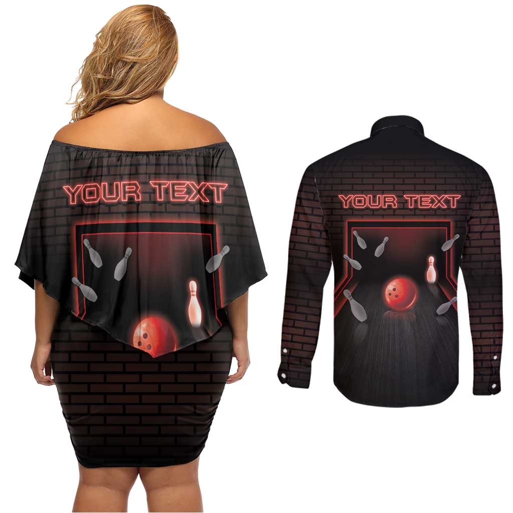 Personalized Bowling Couples Matching Off Shoulder Short Dress and Long Sleeve Button Shirt Ten Pin Neon Style - Wonder Print Shop