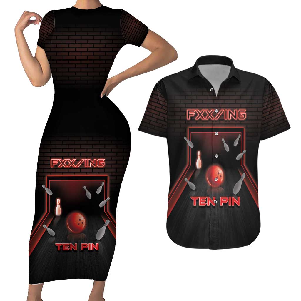 Personalized Bowling Couples Matching Short Sleeve Bodycon Dress and Hawaiian Shirt Ten Pin Neon Style - Wonder Print Shop