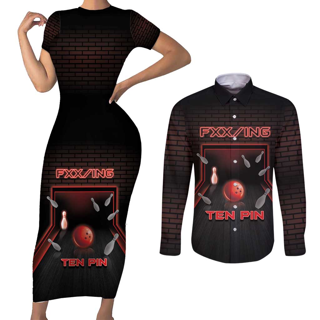 Personalized Bowling Couples Matching Short Sleeve Bodycon Dress and Long Sleeve Button Shirt Ten Pin Neon Style - Wonder Print Shop