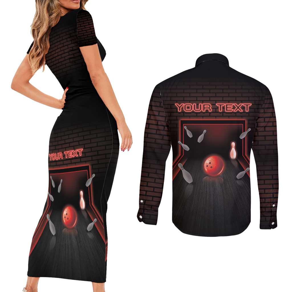 Personalized Bowling Couples Matching Short Sleeve Bodycon Dress and Long Sleeve Button Shirt Ten Pin Neon Style - Wonder Print Shop