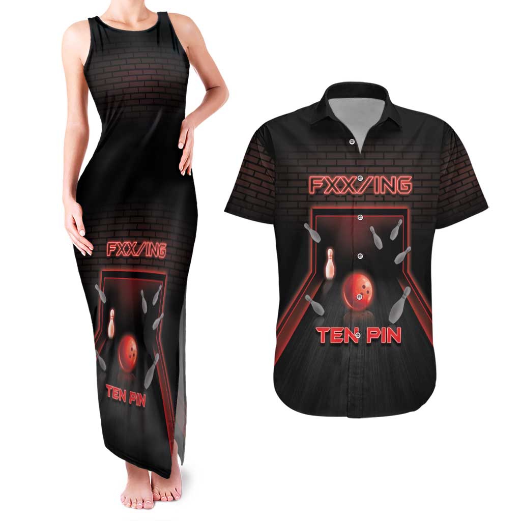 Personalized Bowling Couples Matching Tank Maxi Dress and Hawaiian Shirt Ten Pin Neon Style - Wonder Print Shop
