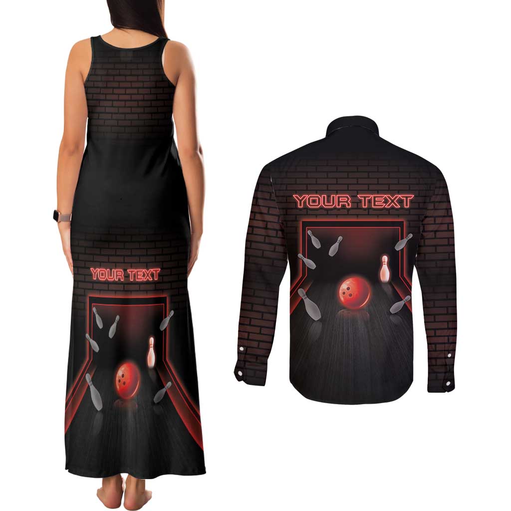Personalized Bowling Couples Matching Tank Maxi Dress and Long Sleeve Button Shirt Ten Pin Neon Style - Wonder Print Shop