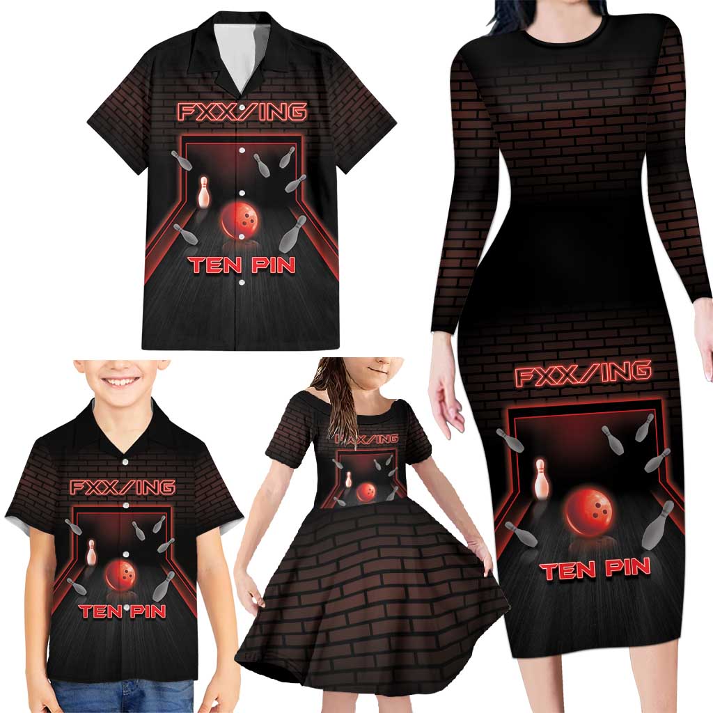 Personalized Bowling Family Matching Long Sleeve Bodycon Dress and Hawaiian Shirt Ten Pin Neon Style - Wonder Print Shop