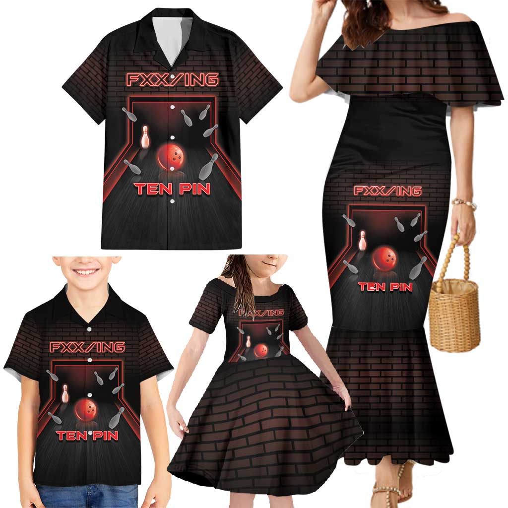 Personalized Bowling Family Matching Mermaid Dress and Hawaiian Shirt Ten Pin Neon Style - Wonder Print Shop