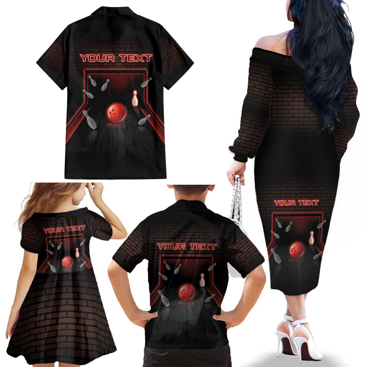 Personalized Bowling Family Matching Off The Shoulder Long Sleeve Dress and Hawaiian Shirt Ten Pin Neon Style - Wonder Print Shop