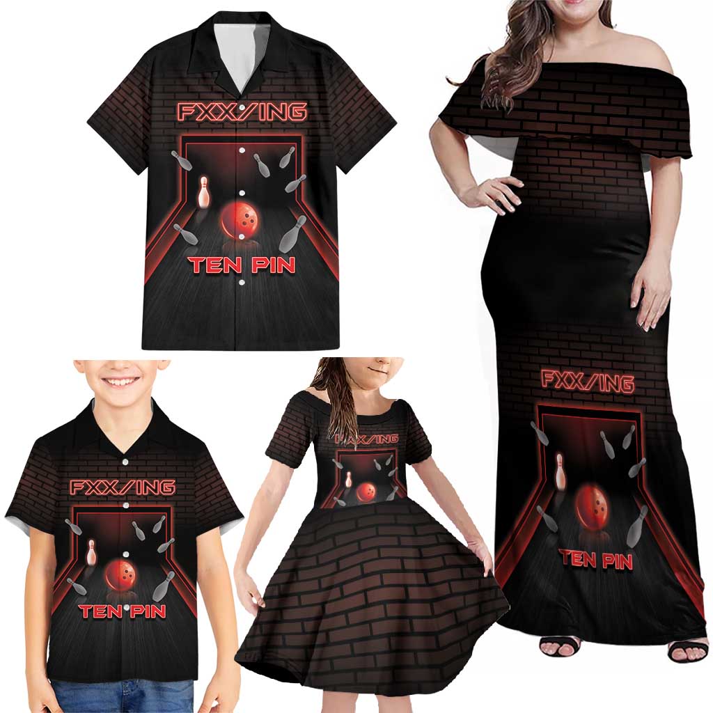 Personalized Bowling Family Matching Off Shoulder Maxi Dress and Hawaiian Shirt Ten Pin Neon Style - Wonder Print Shop