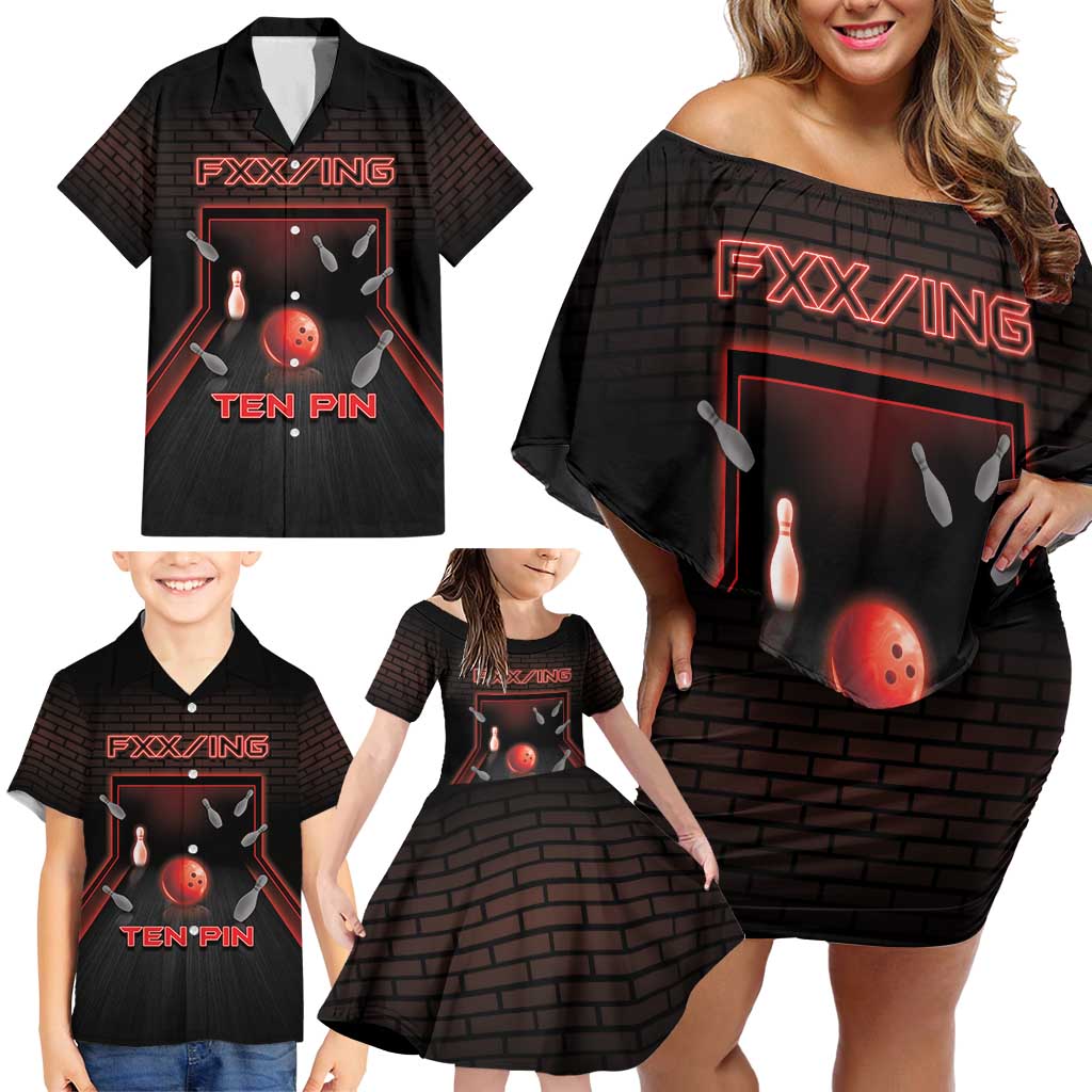 Personalized Bowling Family Matching Off Shoulder Short Dress and Hawaiian Shirt Ten Pin Neon Style - Wonder Print Shop