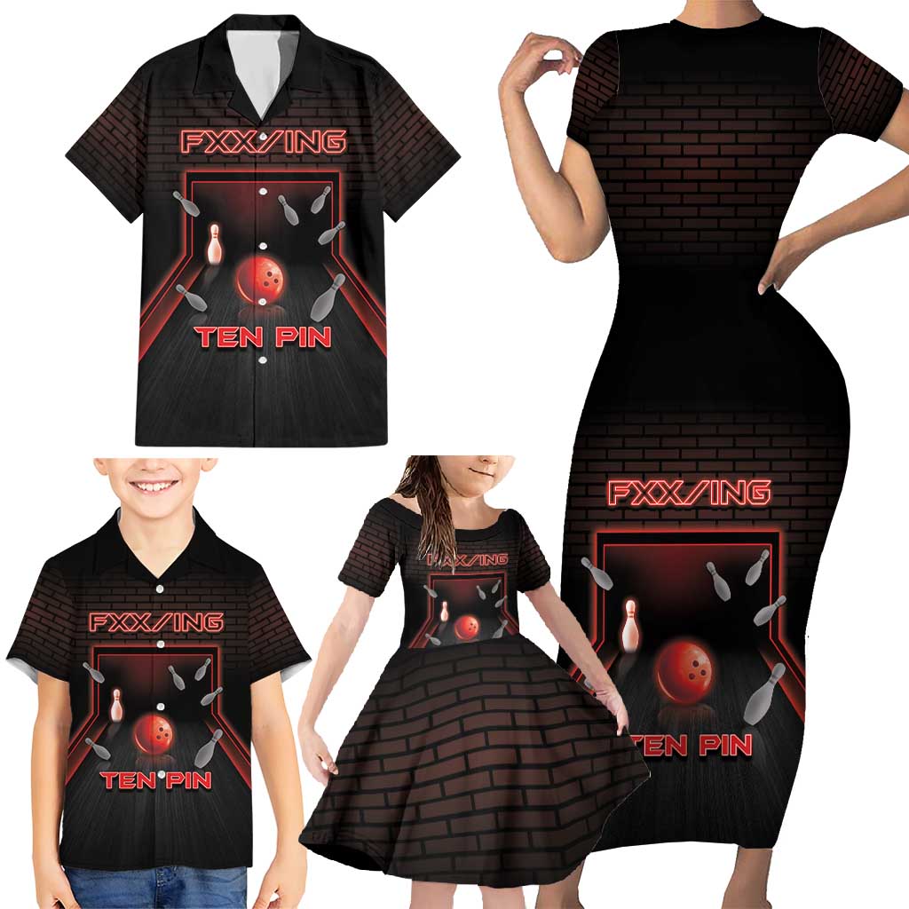 Personalized Bowling Family Matching Short Sleeve Bodycon Dress and Hawaiian Shirt Ten Pin Neon Style - Wonder Print Shop