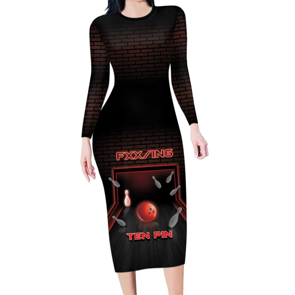Personalized Bowling Long Sleeve Bodycon Dress Ten Pin Neon Style - Wonder Print Shop