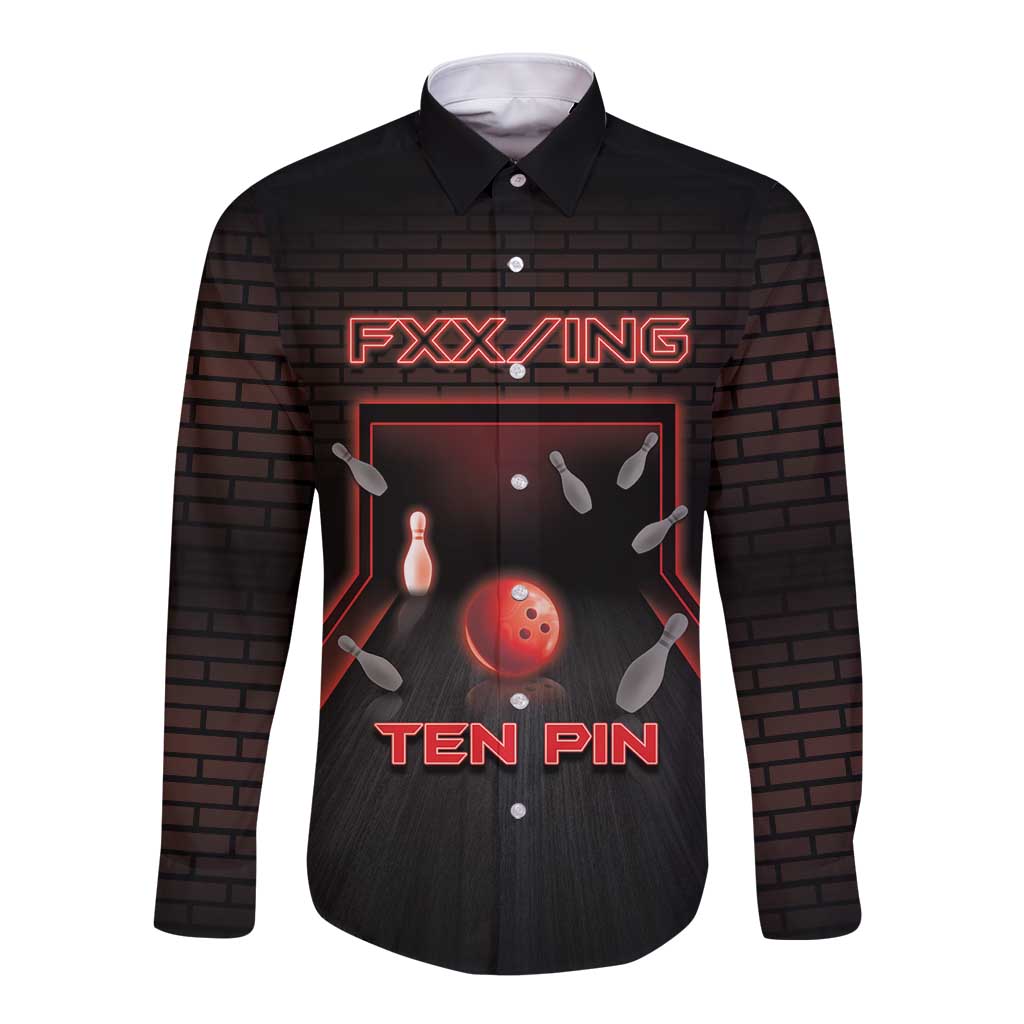 Personalized Bowling Long Sleeve Button Shirt Ten Pin Neon Style - Wonder Print Shop
