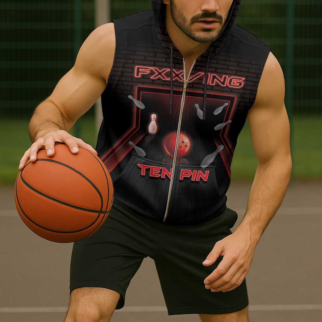 Personalized Bowling Sleeveless Zip Hoodie Ten Pin Neon Style - Wonder Print Shop