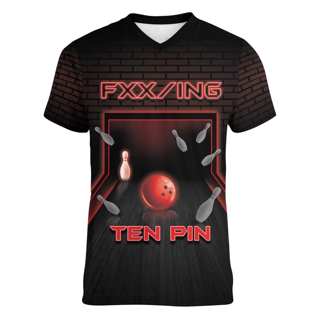 Personalized Bowling Women V-Neck T-Shirt Ten Pin Neon Style - Wonder Print Shop