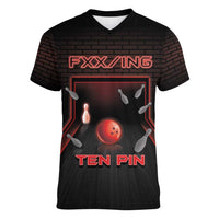 Personalized Bowling Women V-Neck T-Shirt Ten Pin Neon Style - Wonder Print Shop