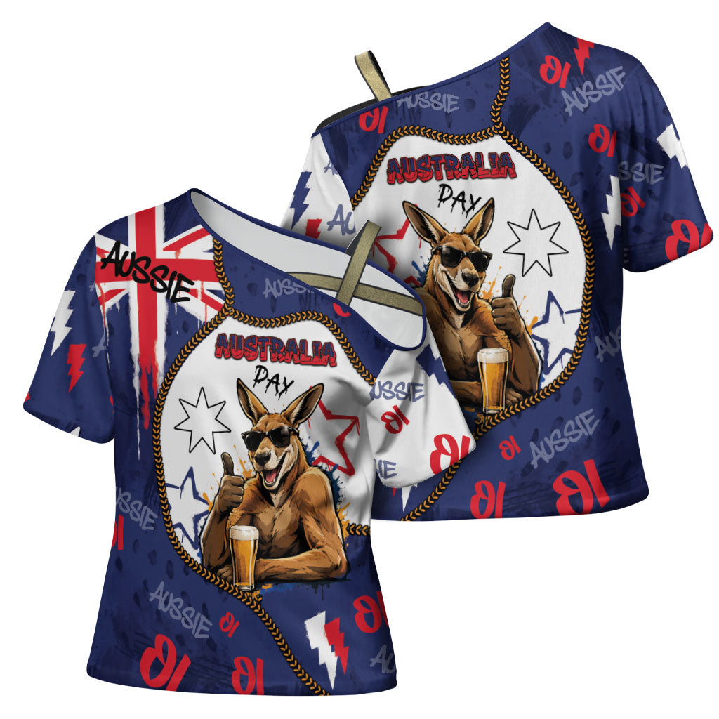 Australia Flag Day Cross Shoulder Shirt Cool Kangaroo Beer Aussie Aussie Oi Oi