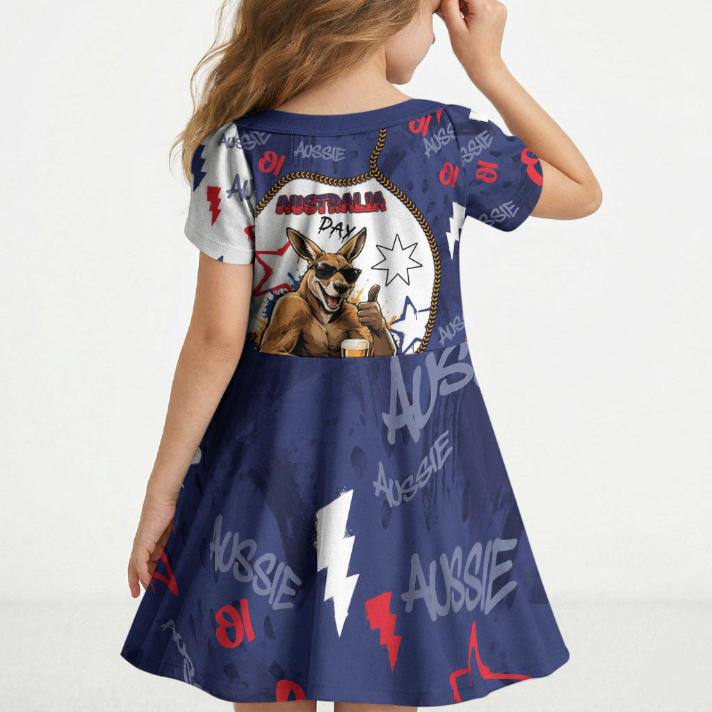 Australia Flag Day Kid Short Sleeve Dress Cool Kangaroo Beer Aussie Aussie Oi Oi