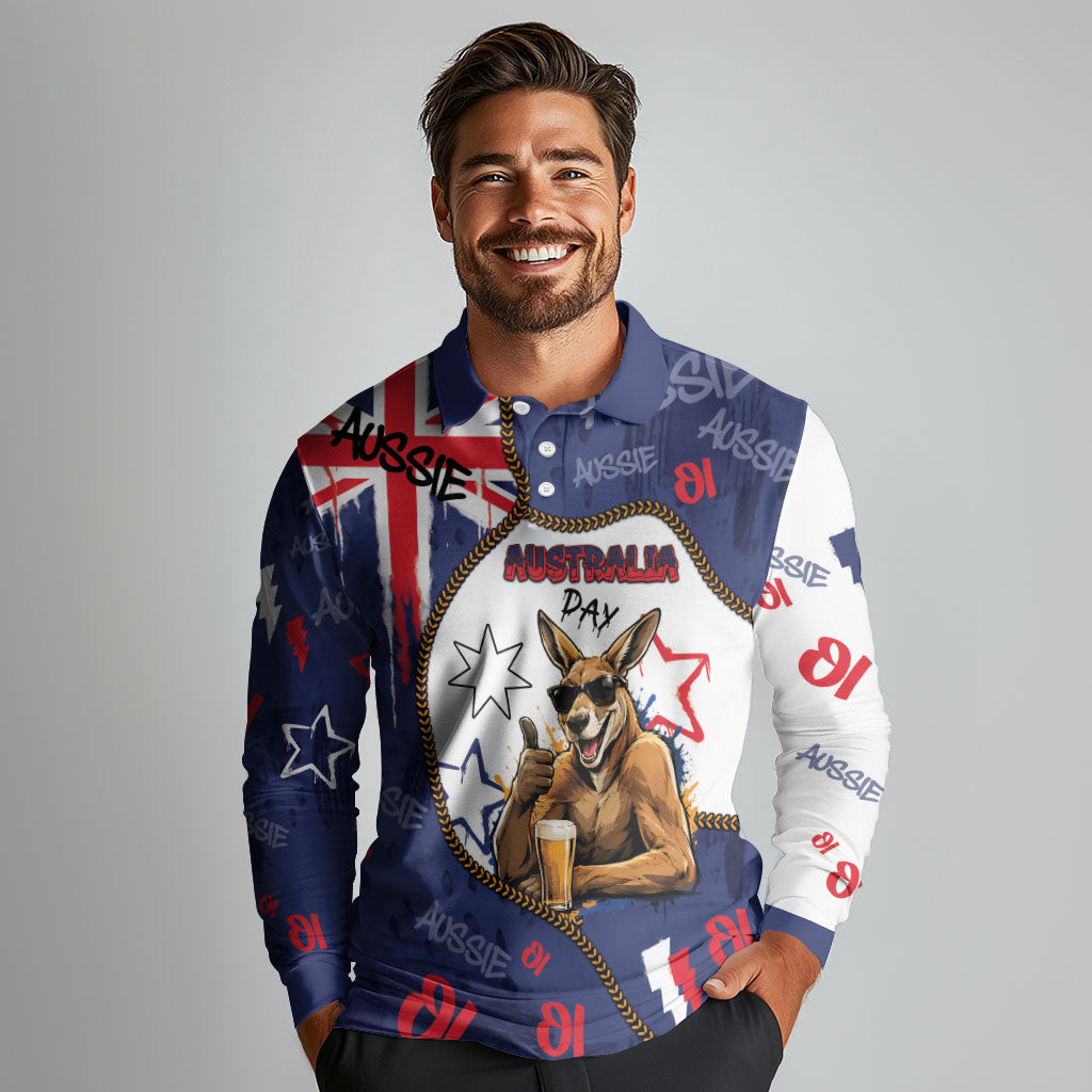 Australia Flag Day Long Sleeve Polo Shirt Cool Kangaroo Beer Aussie Aussie Oi Oi