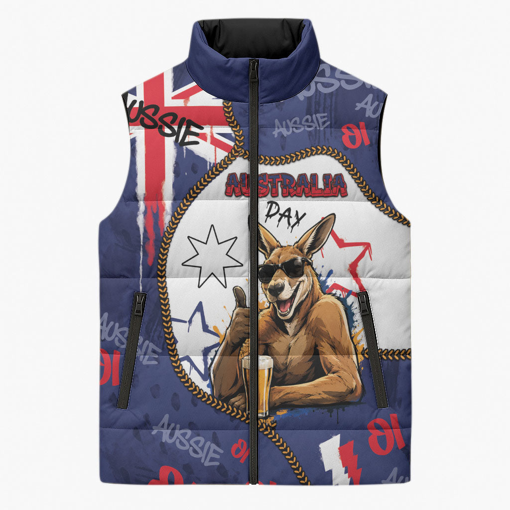 Australia Flag Day Sleeveless Puffer Jacket Cool Kangaroo Beer Aussie Aussie Oi Oi