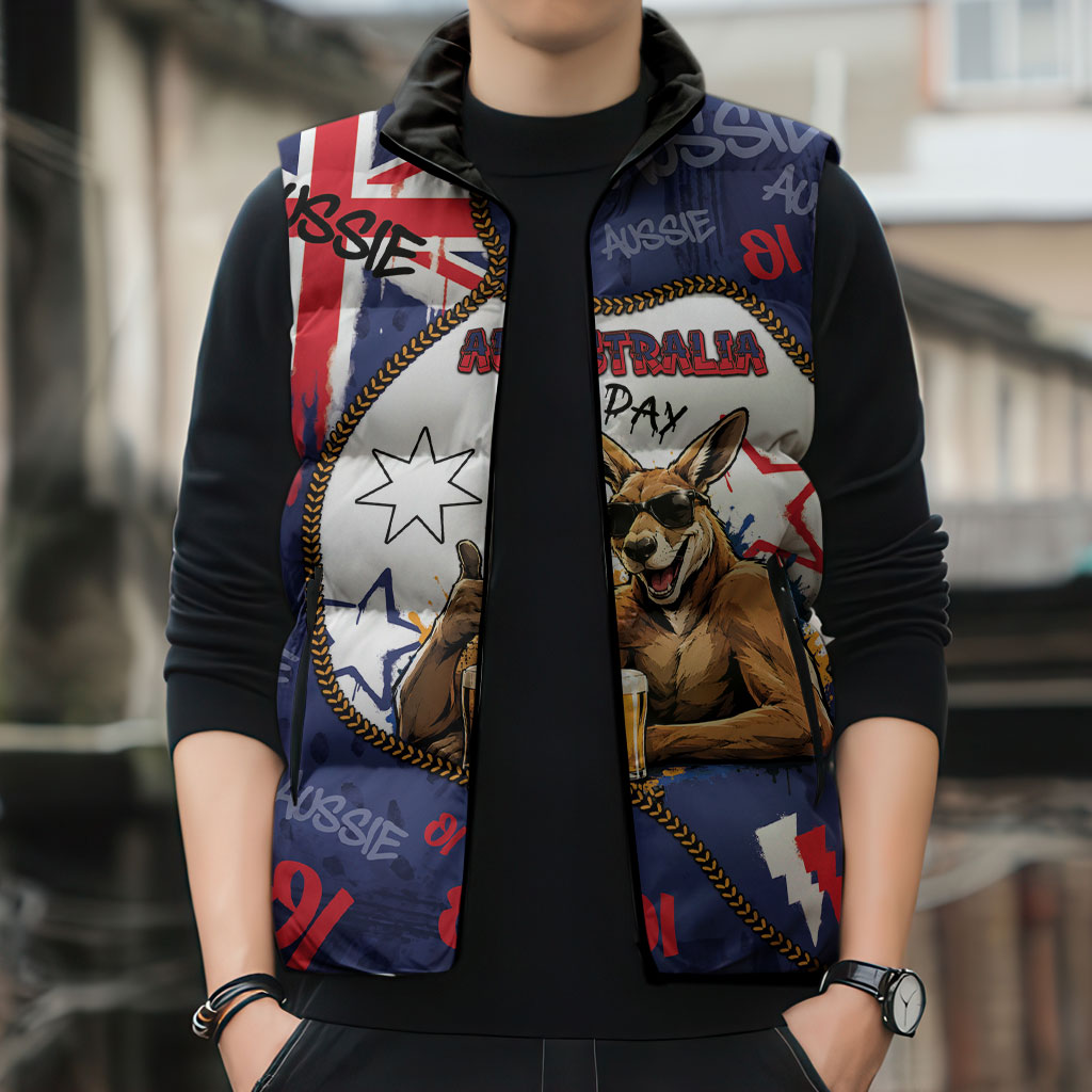 Australia Flag Day Sleeveless Puffer Jacket Cool Kangaroo Beer Aussie Aussie Oi Oi