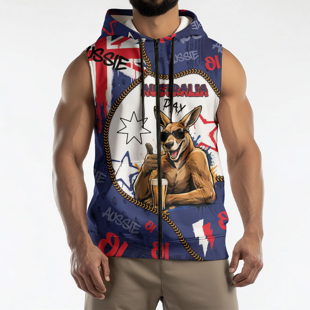 Australia Flag Day Sleeveless Zip Hoodie Cool Kangaroo Beer Aussie Aussie Oi Oi