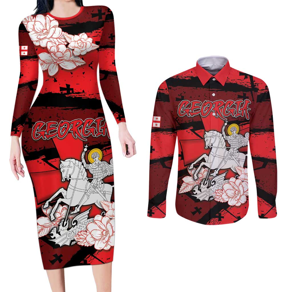 Personalized Georgia Couples Matching Long Sleeve Bodycon Dress and Long Sleeve Button Shirt Patron Saint Symbol - Wonder Print Shop