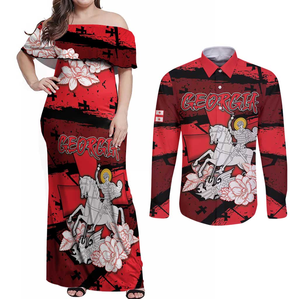 Personalized Georgia Couples Matching Off Shoulder Maxi Dress and Long Sleeve Button Shirt Patron Saint Symbol - Wonder Print Shop