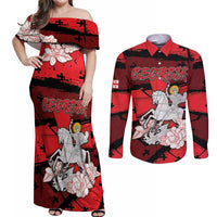 Personalized Georgia Couples Matching Off Shoulder Maxi Dress and Long Sleeve Button Shirt Patron Saint Symbol - Wonder Print Shop
