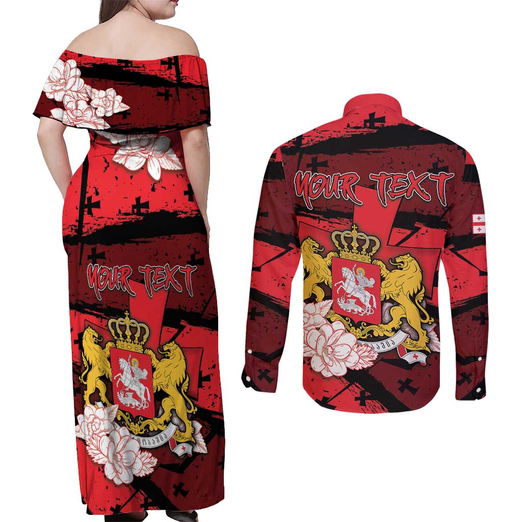 Personalized Georgia Couples Matching Off Shoulder Maxi Dress and Long Sleeve Button Shirt Patron Saint Symbol - Wonder Print Shop